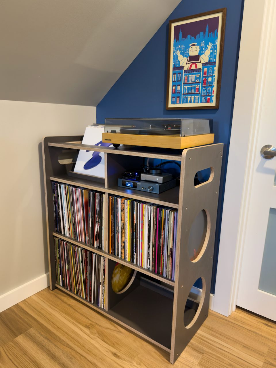 The finished record stand in John's home, loaded with records