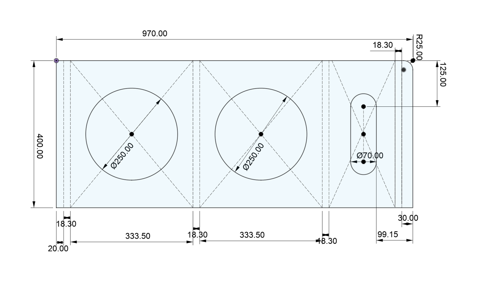 Fully dimensioned Fusion 360 sketch of the side panel